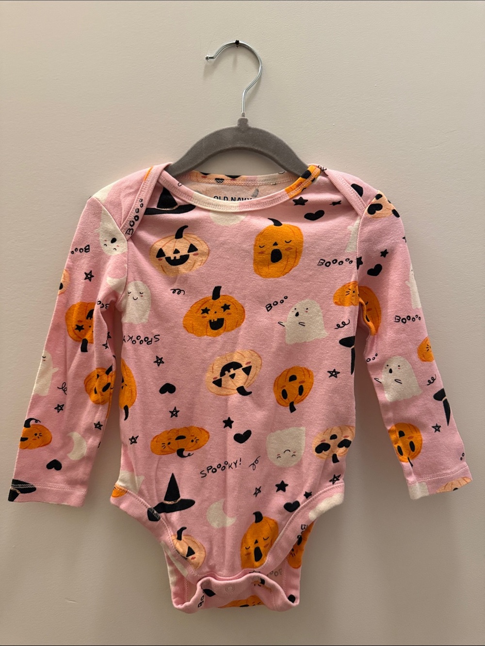 Old Navy Pink Halloween Bodysuit Long Sleeve Pumpkin Ghost Spooky 12-18M